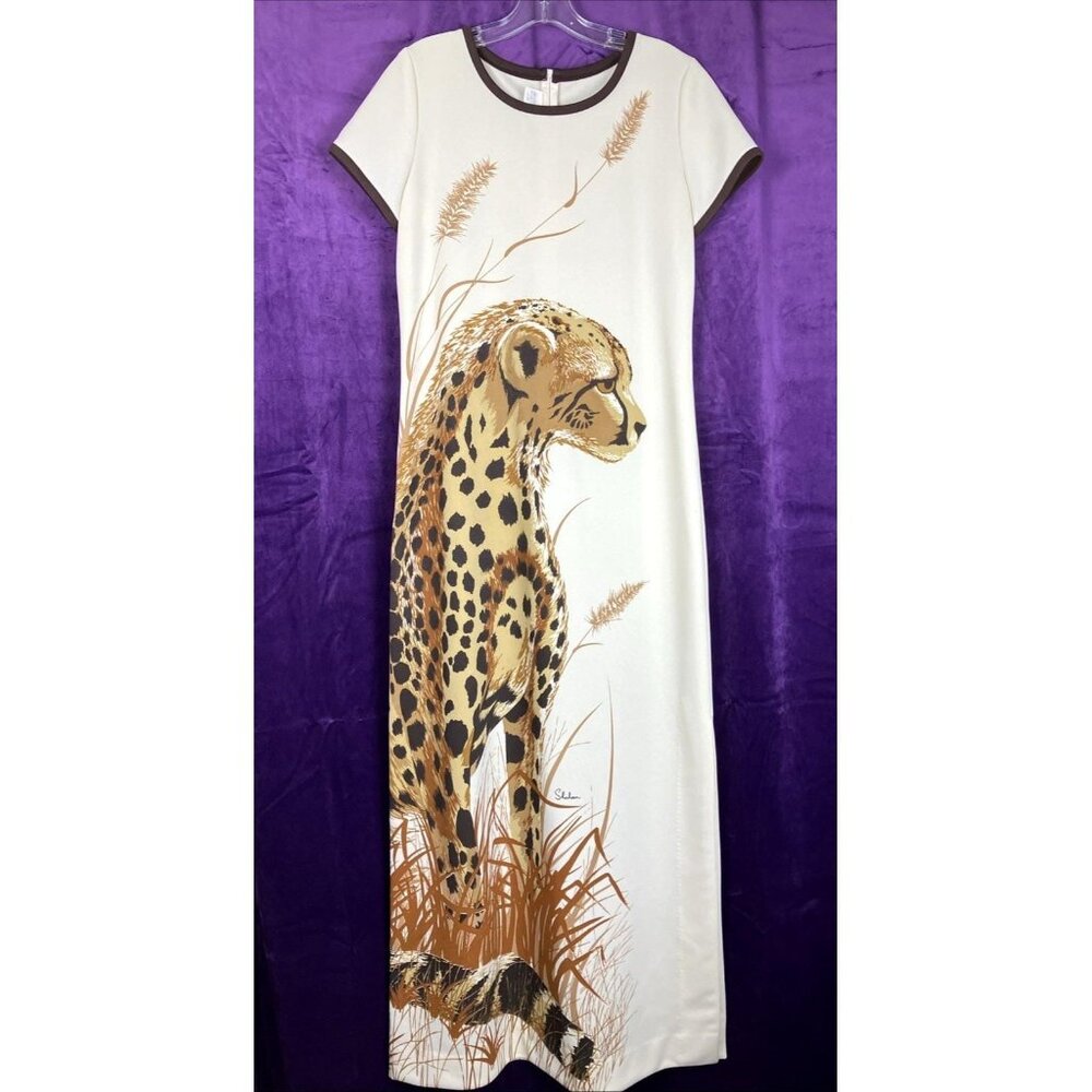 Tall Length Vintage 70s Shaheen Cheetah Safari Graphic Maxi Dress